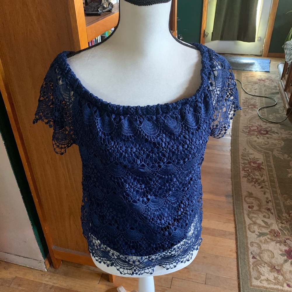 Off the shoulder navy blue lace top